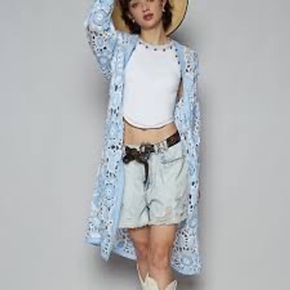 POL‎ Clothing Light Blue White Floral Crochet Duster Cardigan SMC83 Size One